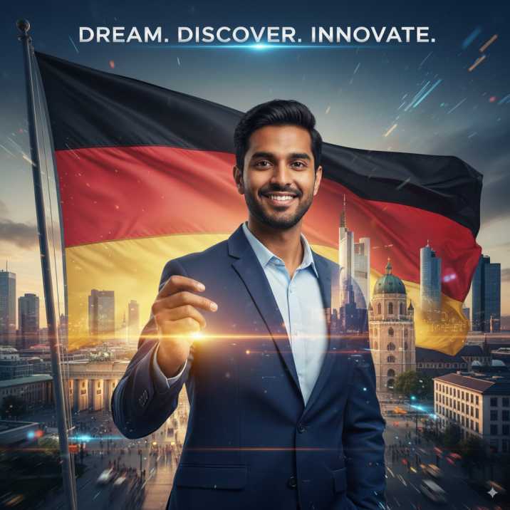 A collage showing an Indian professional, the German flag, and a cityscape, representing the Chancenkarte opportunity.