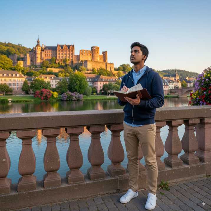 A student looking at the Heidelberg Castle, representing the dream of studying in Germany.