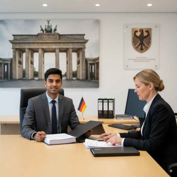 An Indian applicant confidently sitting for a German visa interview with a visa officer.